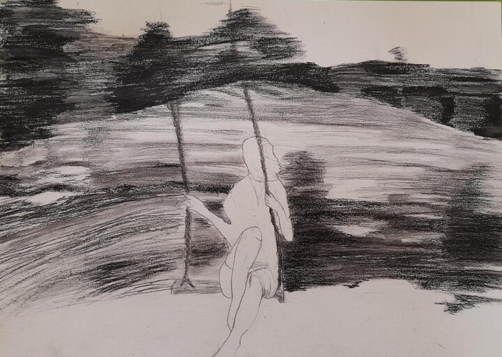 Dibujo titulada "Balançoire" por Evelyne Descamps, Obra de arte original, Lápiz