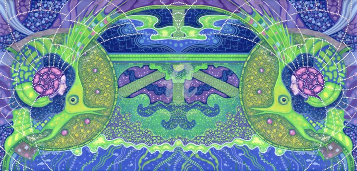 Dream of the Full Moon, Mermaid & Fish Underwater Fantasy, 绘画, 16.5x38.6 in