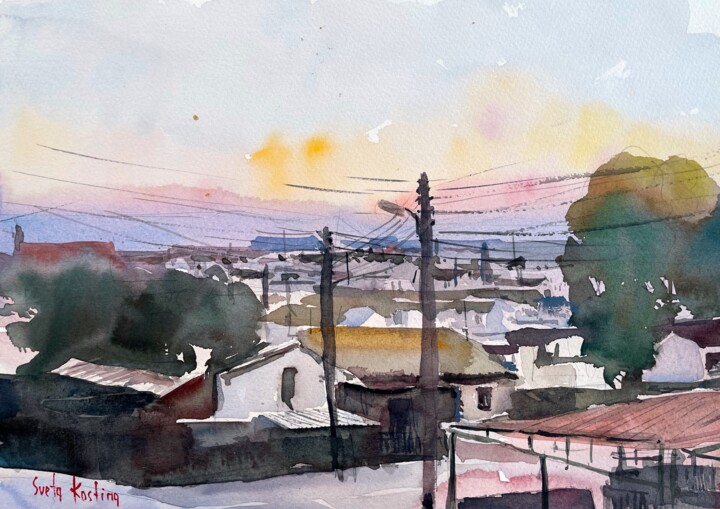 绘画 标题为“Sunset over the vil…” 由Svetlana Kostina, 原创艺术品, 水彩