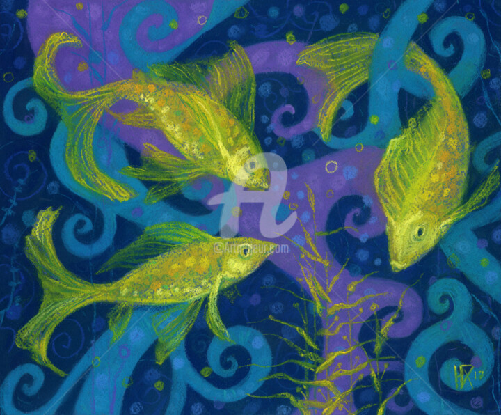 Golden Fish, Pastel Painting 图画, 13.2x15.8 in
