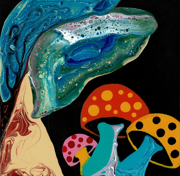 绘画 标题为“Mushroom Wonderland” 由Sung Lee, 原创艺术品, 丙烯 安装在木板上