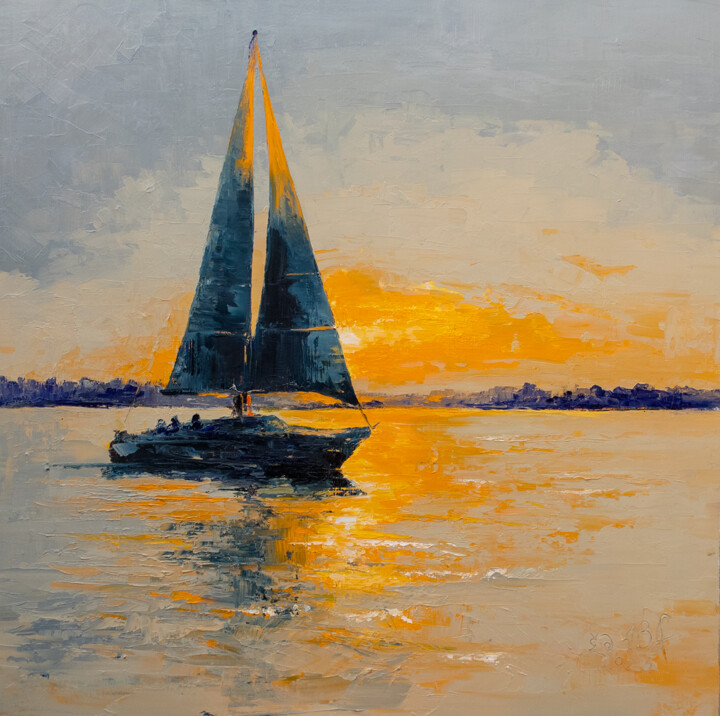 Painting titled "Dawn by the sea" by Anna Bloomfield-Ravliuc, Original Artwork, Oil Mounted on Wood Stretcher frame