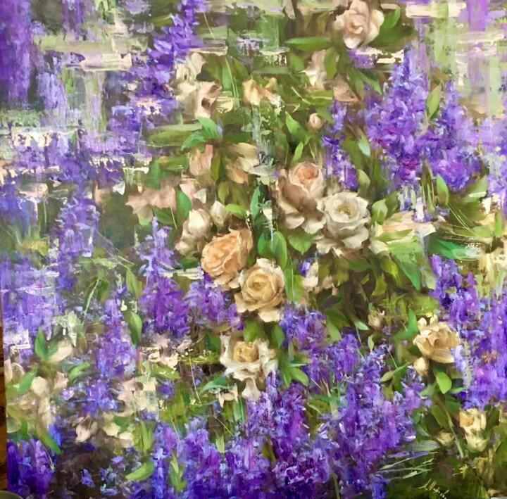 Painting titled "Roses and lavenders" by Elena Mashajeva-Agraphiotis, Original Artwork, Oil