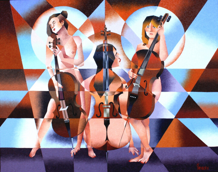 LES TROIS CONTREBASSISTES 绘画, 28.7x36.2 in