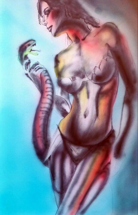 Girl and snake 图画, 11.8x7.9 in