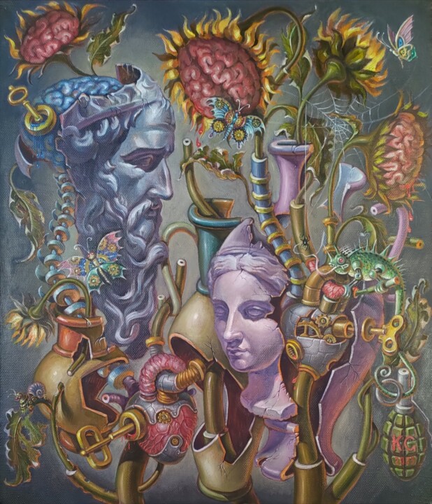 Still life with three jugs and sunflowers 绘画, 27.6x23.6 in