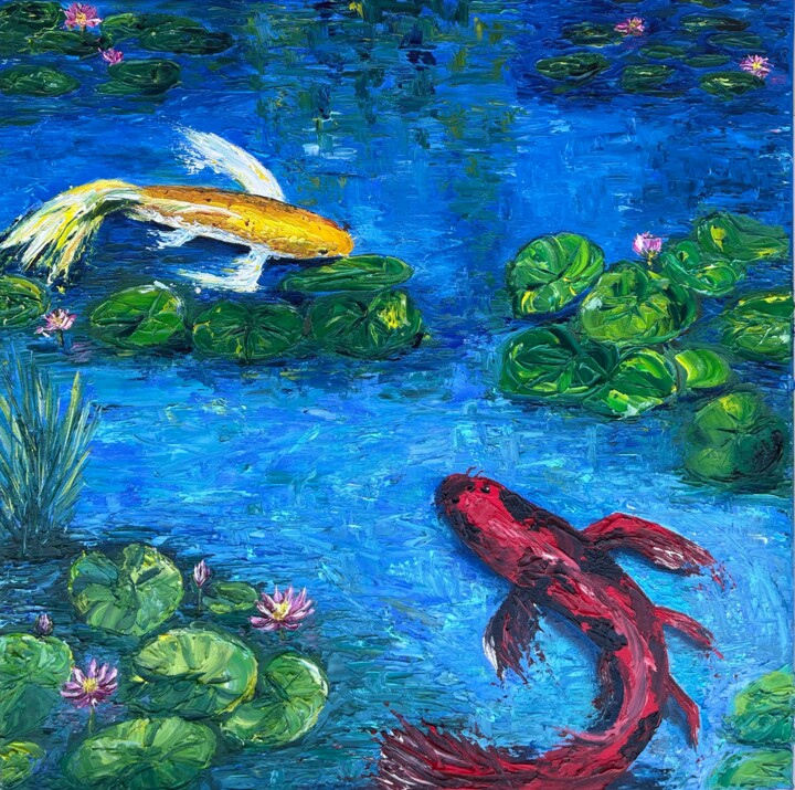 Koi fish in a pond with lotus 绘画, 17.7x17.7 in