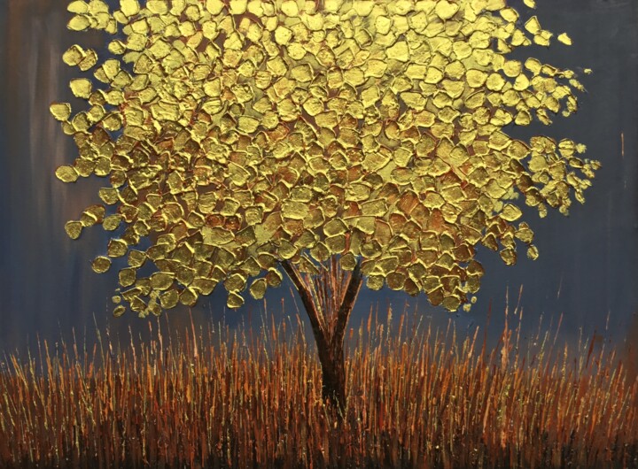 绘画 标题为“Golden Leaves” 由Malinga Kumarasinghe, 原创艺术品, 丙烯 安装在木质担架架上