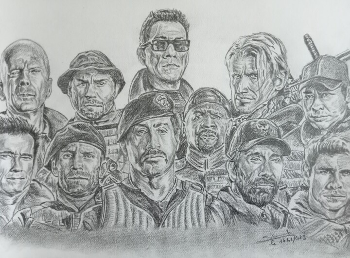 Illustration du film expendables 2 réalisé aux crayons 图画, 11.7x16.5 in