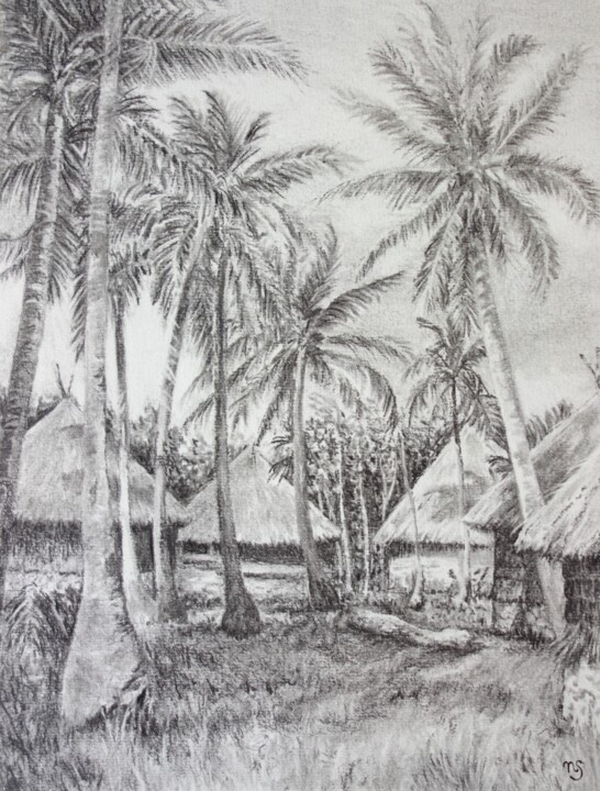 Village kanak 图画, 12.5x9.5 in