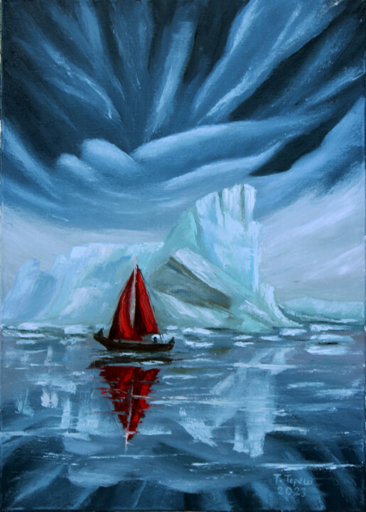 "A sailboat in the cold water of the Artic" 绘画, 27.6x19.7 in