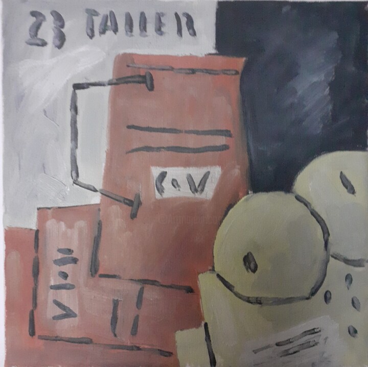 Jarra roja con dos frutas 绘画, 7.9x7.9 in