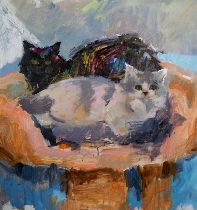 Two cats #1 绘画, 17.7x15.8 in