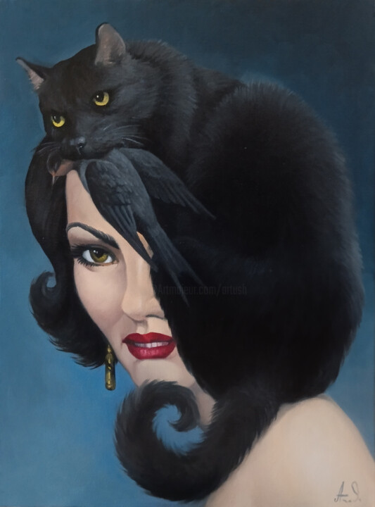 Black cat 30x40cm, oil painting, surrealistic artwork 绘画, 15.8x11.8 in
