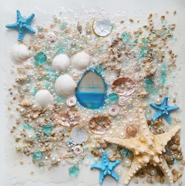 Abstract Sea Ocean marine wall sculpture with precious stone Sculpture, 19,7x19,7 in