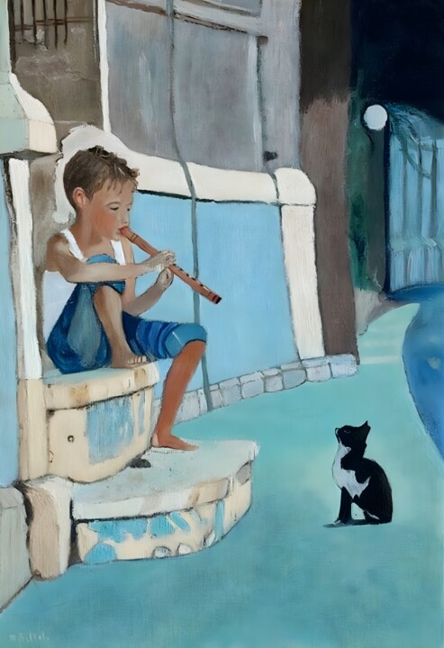 Le garçon et le chat 绘画, 21.7x15 in