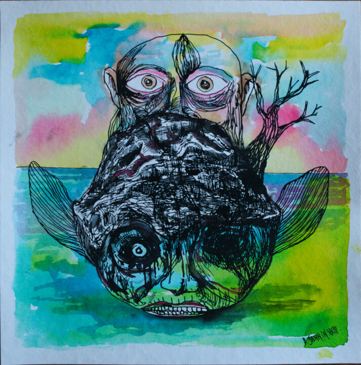 Dessin intitulée "(une île) - Flottan…" par Patrick Jannin, Œuvre d'art originale, Encre