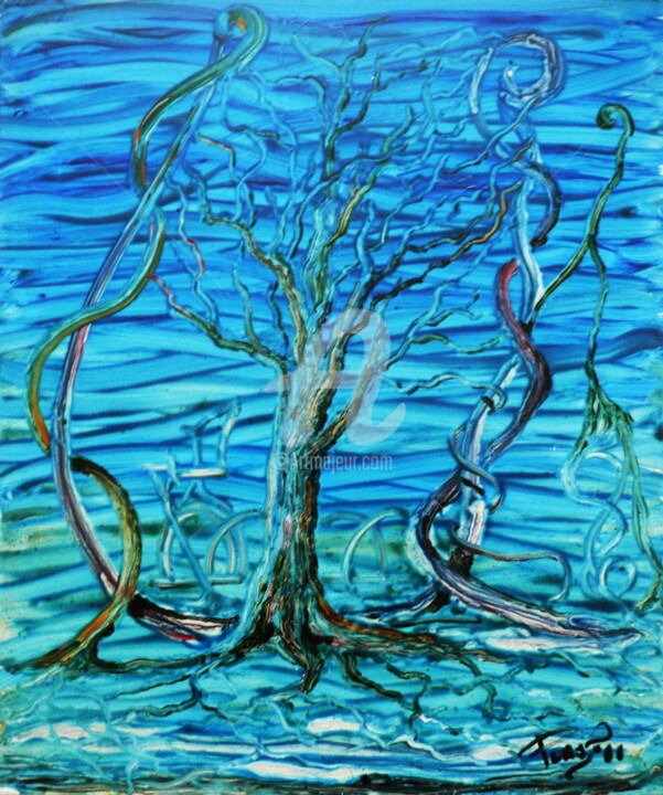 Painting titled "Alberi in una tempe…" by Plauso Nivo Battistini, Original Artwork, Oil