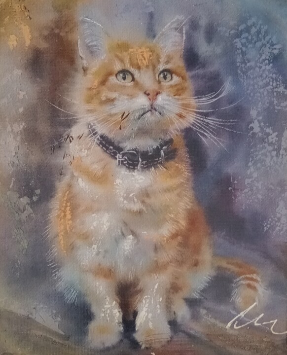 Golden cat acrylic print painting on canvas 绘画, 9.8x7.9 in