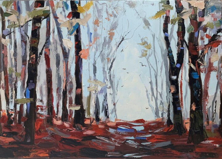 Tranquility with nature. Autumn forest landscape. 绘画, 19.7x27.6 in