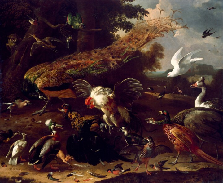 Painting titled "Le corbeau dévoilé" by Melchior D'Hondecoeter, Original Artwork, Oil