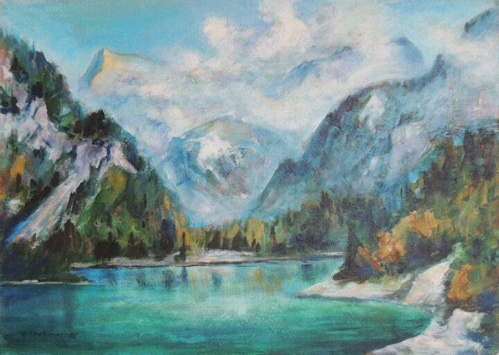 Auflockernde Wolken an den Bergen über dem Plansee 绘画, 19.7x27.6 in