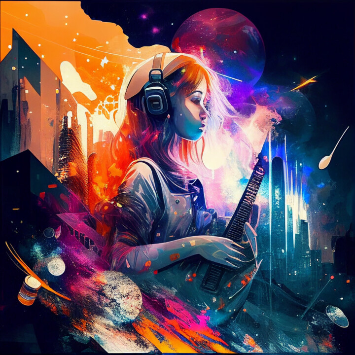 Digital Arts titled "Rhythmic Guitar" by China Alicia Rivera, Original Artwork, AI generated image
