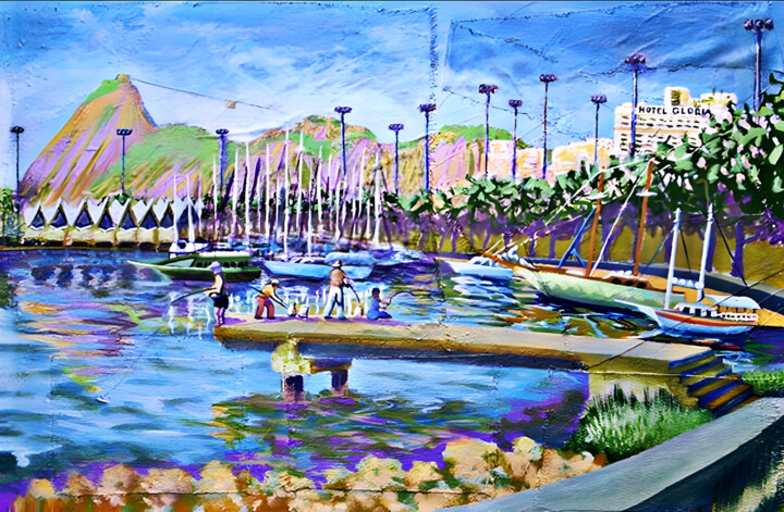 Peinture intitulée "Pescadores na Glória" par Lício Maia, Œuvre d'art originale, Patchwork