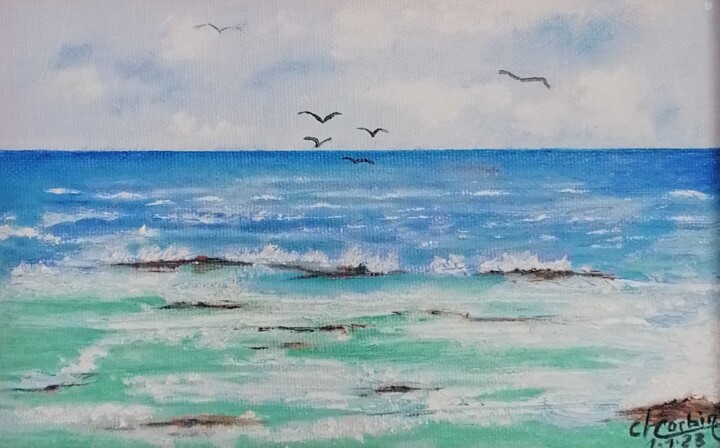 Peinture intitulée "Mer agitée" par Charles Corbin, Œuvre d'art originale, Huile Monté sur Panneau de bois