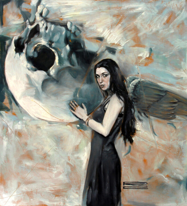 Painting titled "Dark angel" by Rolando Cicatelli, Original Artwork, Oil Mounted on Wood Stretcher frame