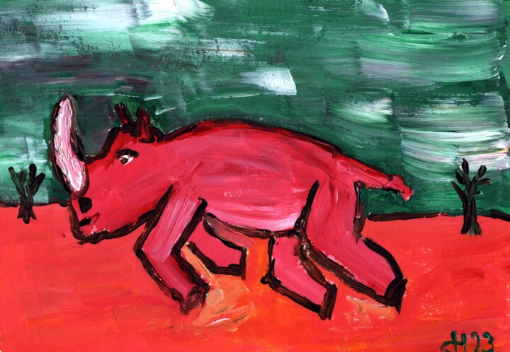 Rhino on the Run 绘画, 8.3x11.7 in