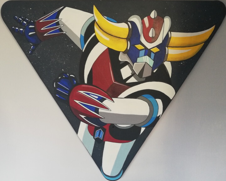 Goldorak" street art su r panneau de signalisation déclassé 绘画, 36.6x36.6 in