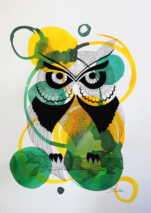 Hibou jaune et vert 绘画, 16.5x11.8 in