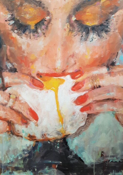 Pintura titulada "Croque madame" por Isabelle Cotillard, Obra de arte original, Oleo Montado en Bastidor de camilla de madera