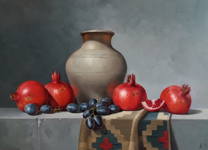 Still life with pomegranates (50x70cm, oil painting 绘画, 19.7x27.6 in