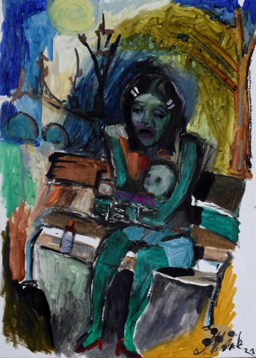 Frau im Park 绘画, 16.5x11.6 in