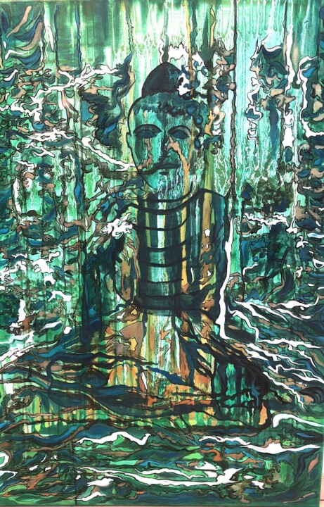 Painting titled "Buddha Incognito" by Melanie Maquinay, Original Artwork, Acrylic Mounted on Wood Stretcher frame