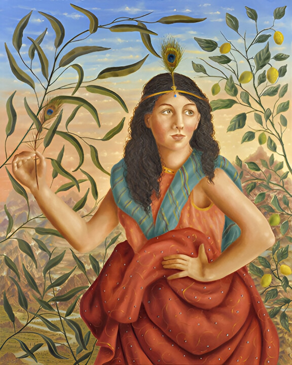 JEUNE FILLE A LA PLUME DE PAON 绘画, 39.4x31.5 in