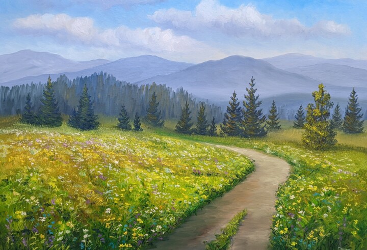 Berglandschaft mit Blumen 2.23 绘画, 19.7x27.6 in