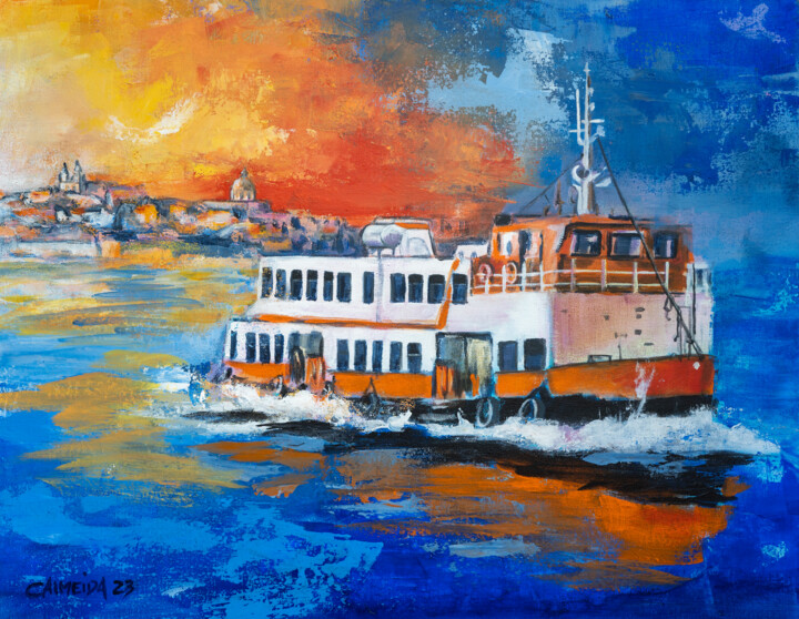 Lisbon Ferry 绘画, 17.7x23.6 in