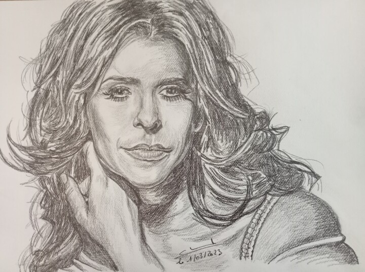 Portrait de l'actrice Jennifer Love Hewitt réalisé aux crayo 图画, 11.7x16.5 in