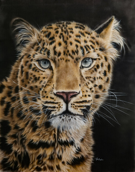 “Baikal” – Silk Painted Leopard portrait 绘画, 26.4x19.7 in