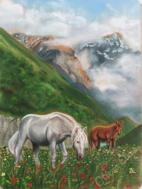 Pintura intitulada "Morning  in the mou…" por Elena Otieva, Obras de arte originais, Pastel