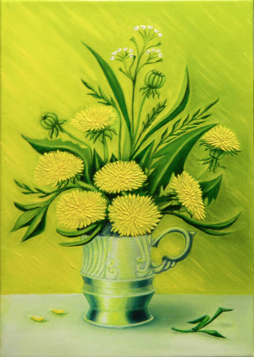 Fantasy composition with dandelions in vintage Cup 绘画, 11.8x7.9 in