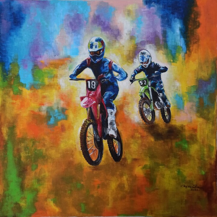 Dirt Biking – 24 x 24 Inches, Acrylic on Canvas 绘画, 24x24 in