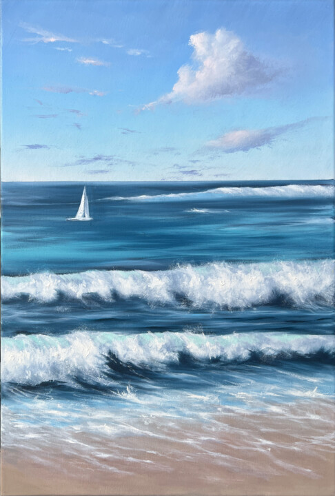 Painting titled "By the sea" by Anna Kulak, Original Artwork, Oil Mounted on Wood Stretcher frame