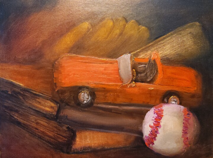 Painting titled "Little Boys' Toys" by Sue Lorenz, Original Artwork, Oil Mounted on Other rigid panel
