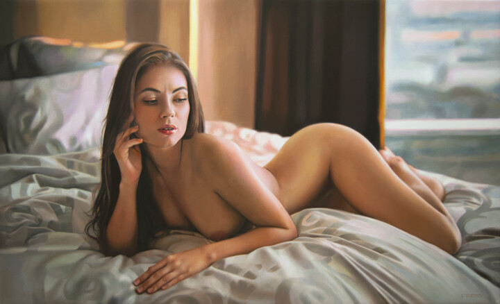 Relax VII, Original Oil on Canvas Painting, Nude Woman Lying 绘画, 23.6x39.4 in