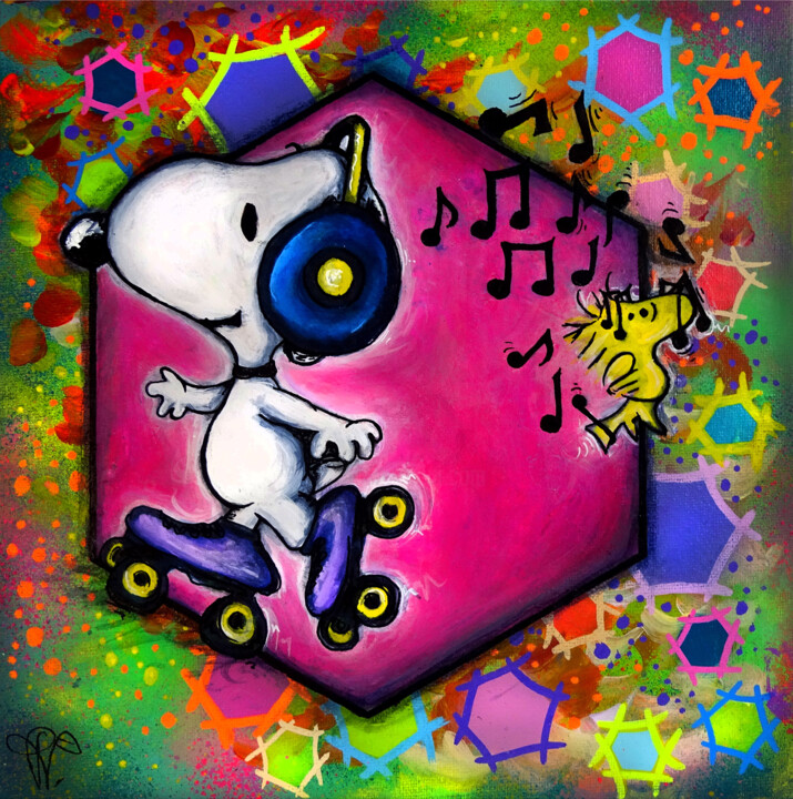 Snoopy Music peinture pop art originale colorée unique 绘画, 9.8x9.8 in