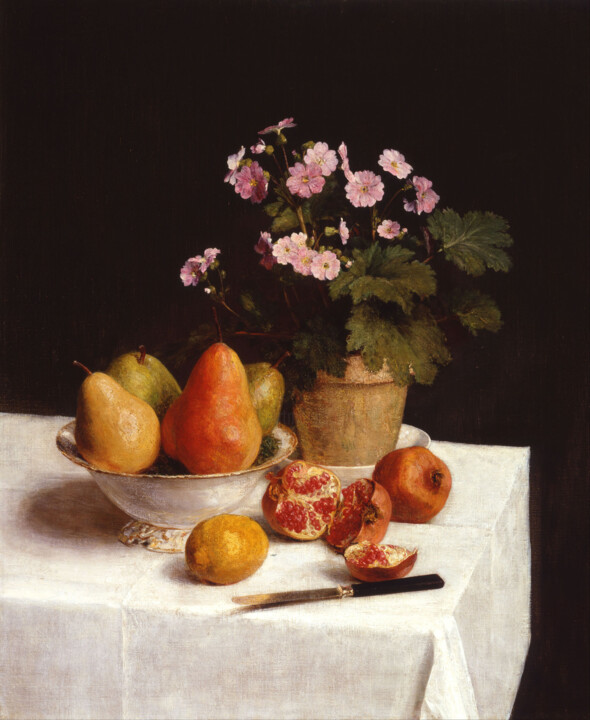 Nature morte (primevères, poires et grenades) 绘画, 28.7x23.2 in
